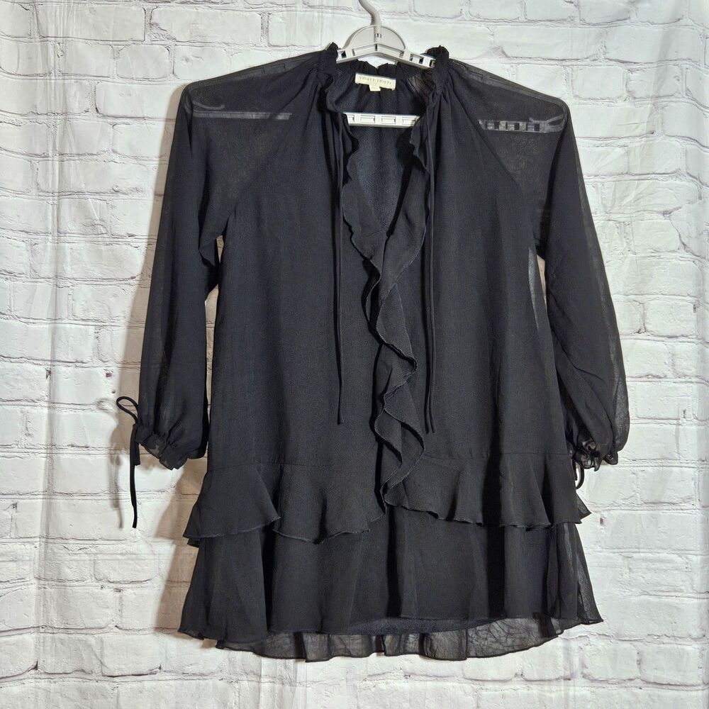Thirty Thirty Black Chiffon Ruffle Tie Neck Long Sleeve Tunic Blouse Size M